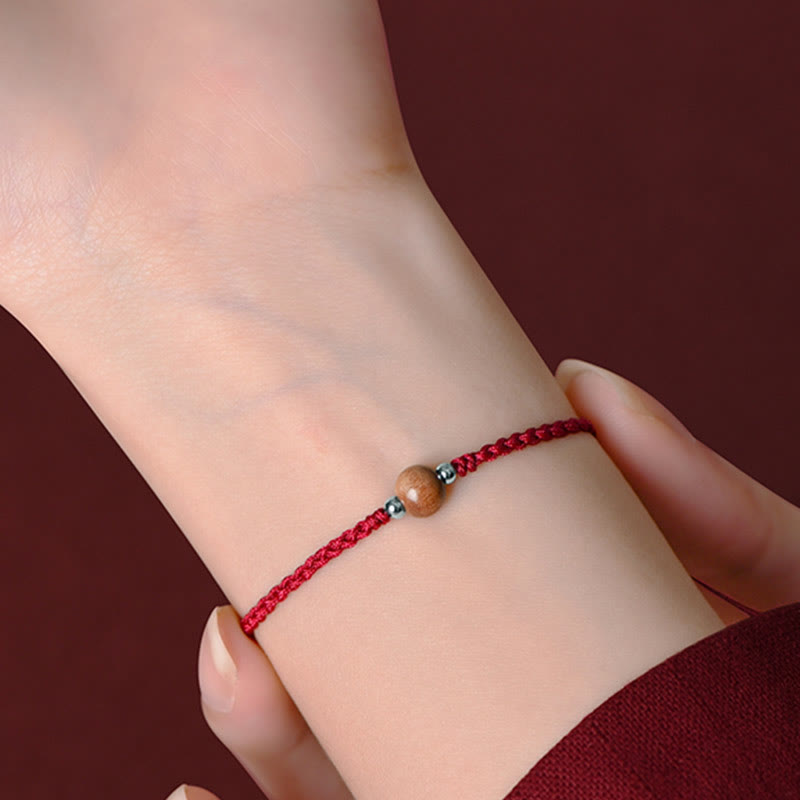 Buddha Stones Natural Peach Wood Bead Luck Braided Bracelet Anklet - image 12