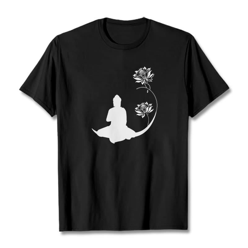 Buddha Stones Buddha Sitting With Lotus Flowers Pattern Pattern Tee T-shirt - Black - 2XL - image 0