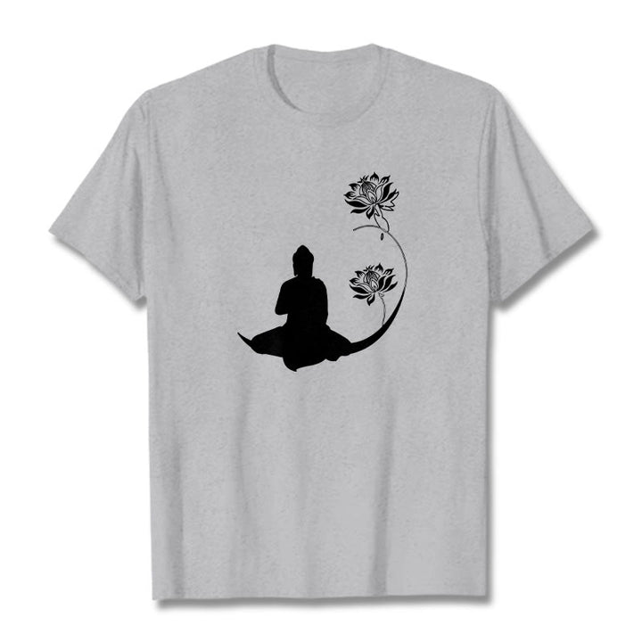 Buddha Stones Buddha Sitting With Lotus Flowers Pattern Pattern Tee T-shirt - LightGrey - 2XL - image 19