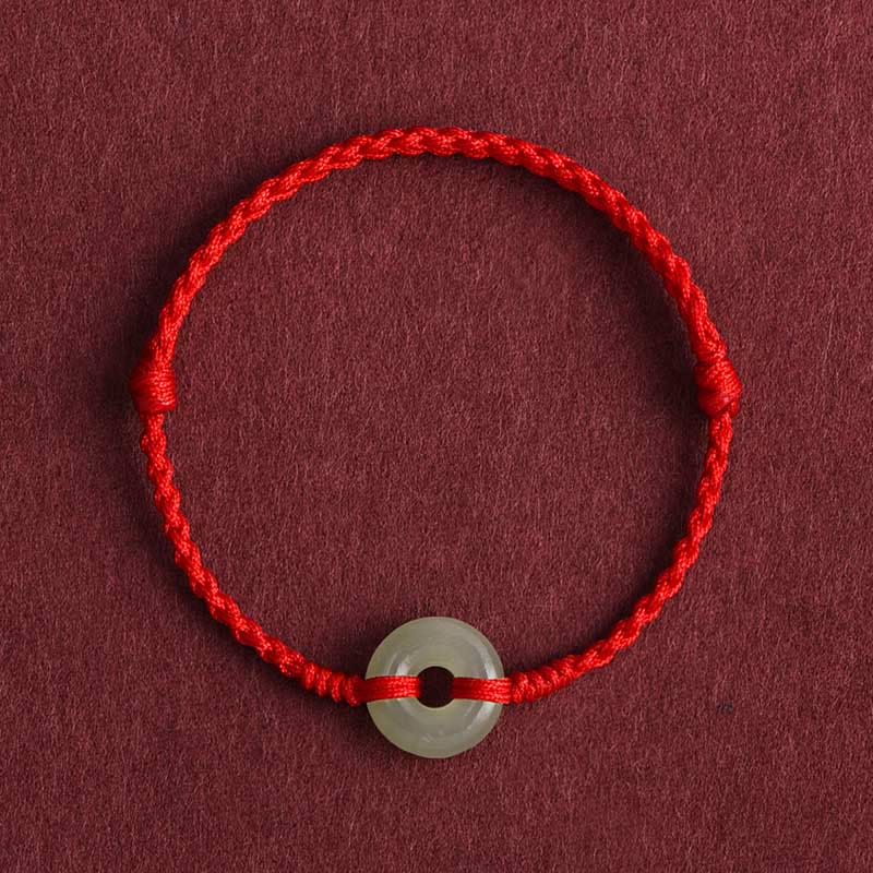 Buddha Stones Natural Hetian Jade Peace Buckle Protection Luck Braided Bracelet Anklet - Red Rope - Anklet(Circumference 17-30cm) - image 1