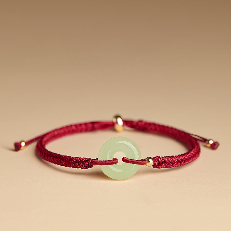Buddha Stones Natural Hetian Jade Peace Buckle Fu Character Protection Luck Braided Bracelet - Hetian Jade Dark Red Rope - image 0