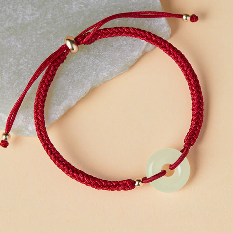 Buddha Stones Natural Hetian Jade Peace Buckle Fu Character Protection Luck Braided Bracelet - image 1