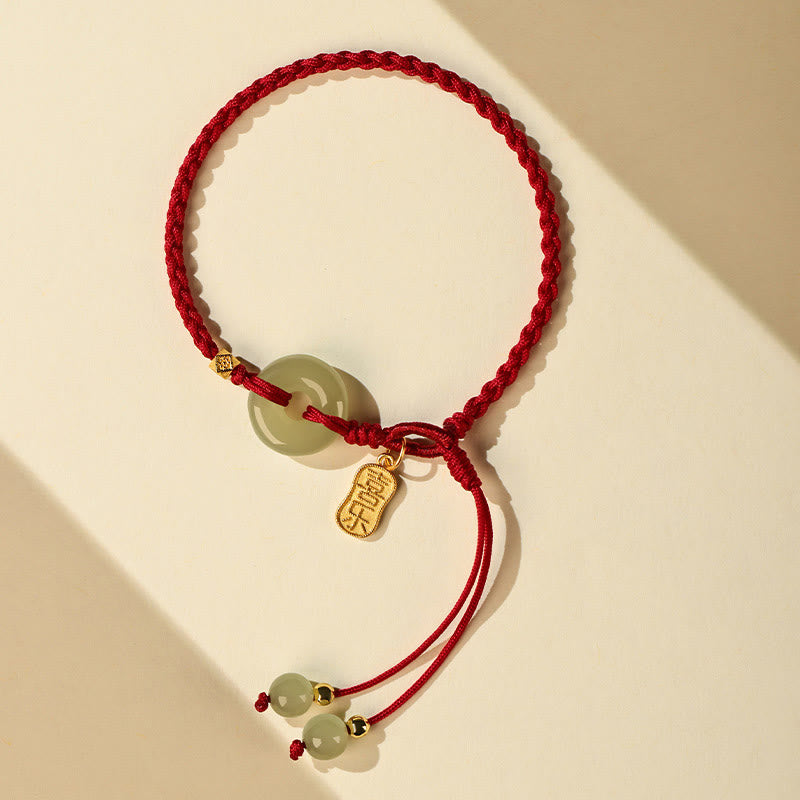 Buddha Stones Natural Hetian Jade Peace Buckle Red String Luck Braided Bracelet - image 1