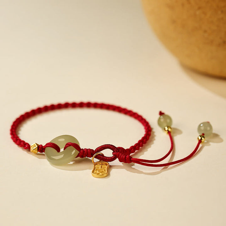 Buddha Stones Natural Hetian Jade Peace Buckle Red String Luck Braided Bracelet - image 2
