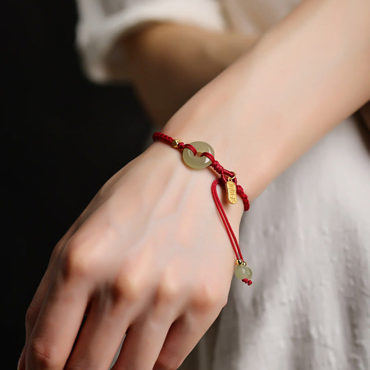 Buddha Stones Natural Hetian Jade Peace Buckle Red String Luck Braided Bracelet - image 3