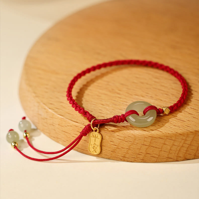 Buddha Stones Natural Hetian Jade Peace Buckle Red String Luck Braided Bracelet - Hetian Jade Peace Buckle (Wrist Circumference:15-20cm)-The color of Hetian jade can be deep or light. - image 0