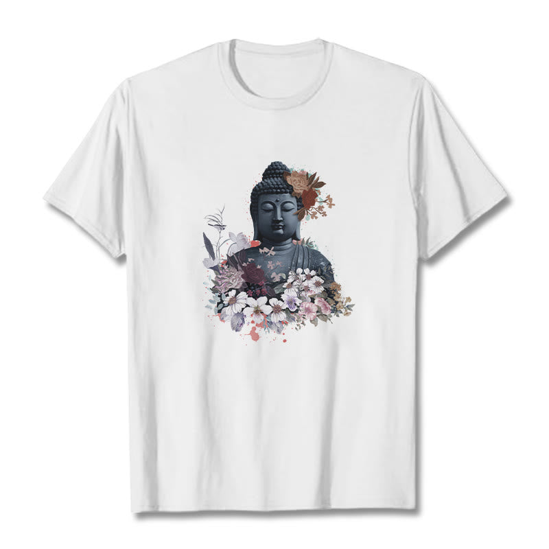 Buddha Stones  Colorful Flowers Surrounding Buddha Pattern Tee T-shirt - White - 2XL - image 0