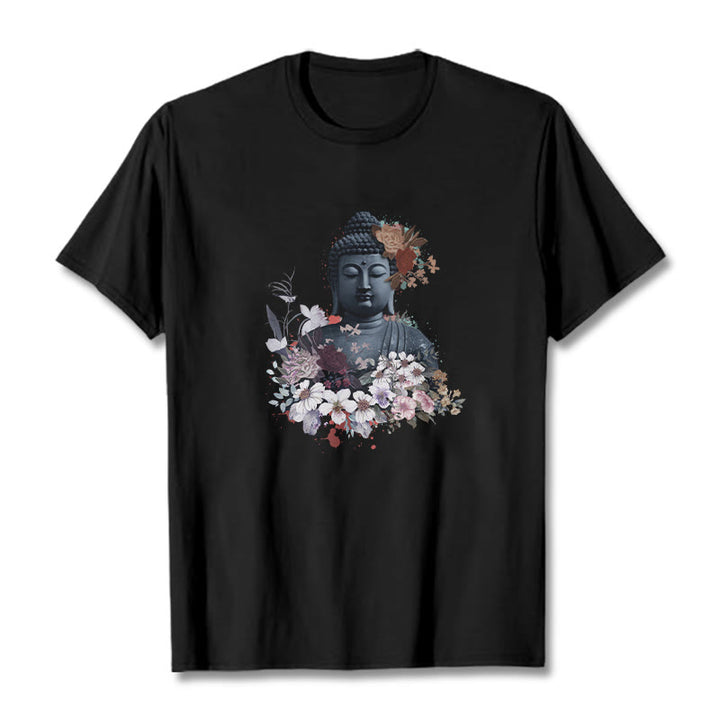 Buddha Stones  Colorful Flowers Surrounding Buddha Pattern Tee T-shirt - Black - 2XL - image 4