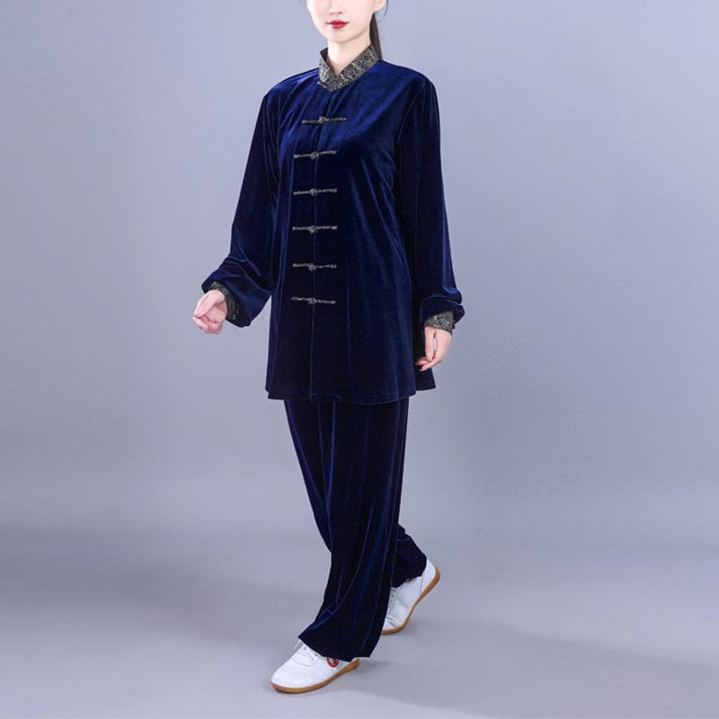 Buddha Stones 2Pcs Fall Winter Tai Chi Qigong Auspicious Clouds Stand Collar Frog-Button Unisex Velour Meditation Clothing Set - image 14