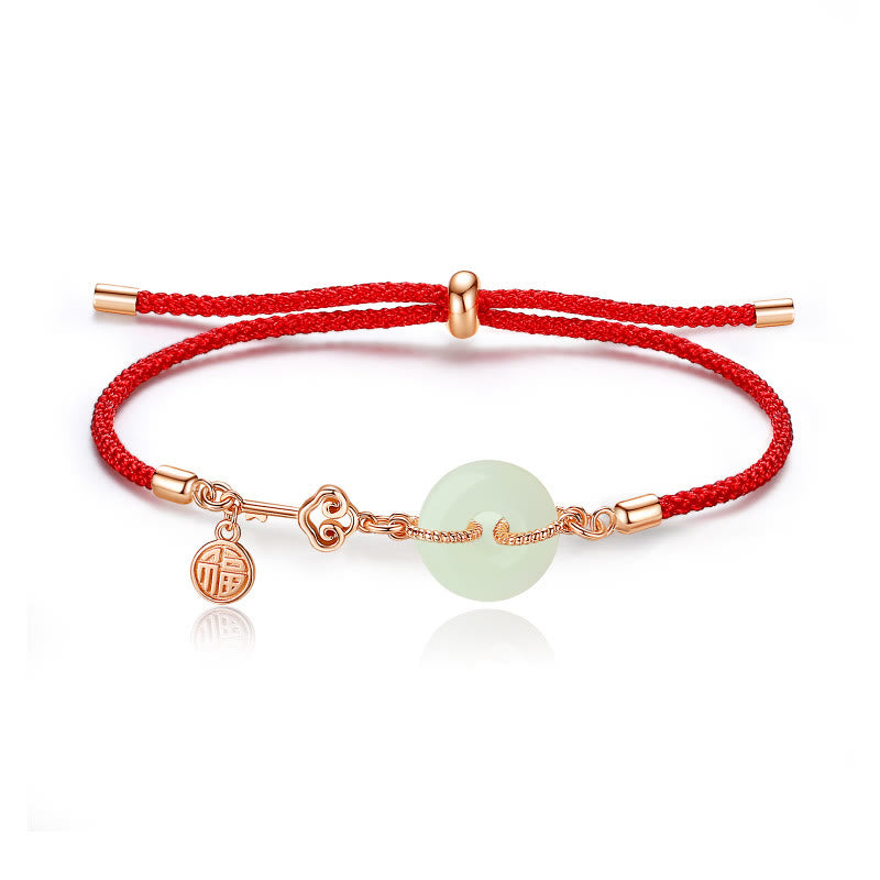 Buddha Stones Natural Hetian Jade Peace Buckle 925 Sterling Silver Red String Fu Character Protection Luck Bracelet - image 1