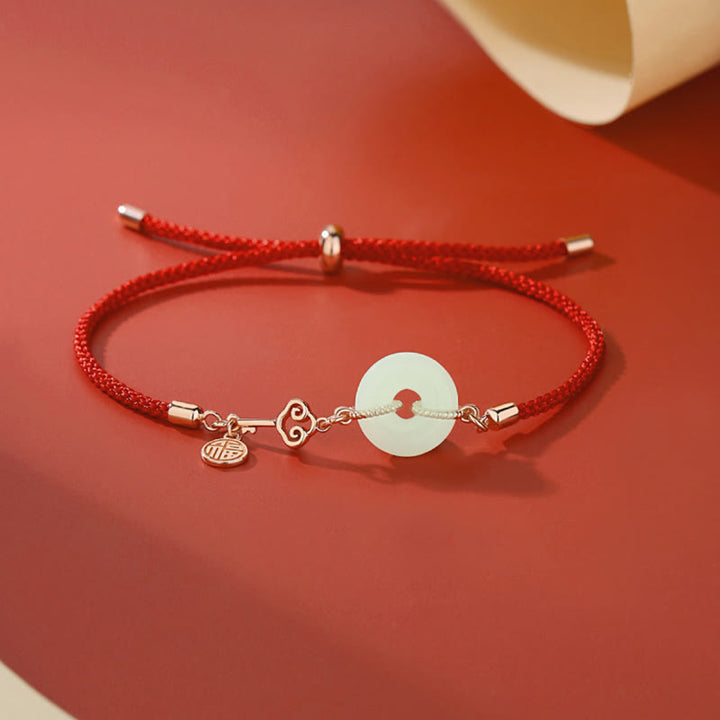 Buddha Stones Natural Hetian Jade Peace Buckle 925 Sterling Silver Red String Fu Character Protection Luck Bracelet - White Gold(Wrist Circumference:14-20cm) - image 0