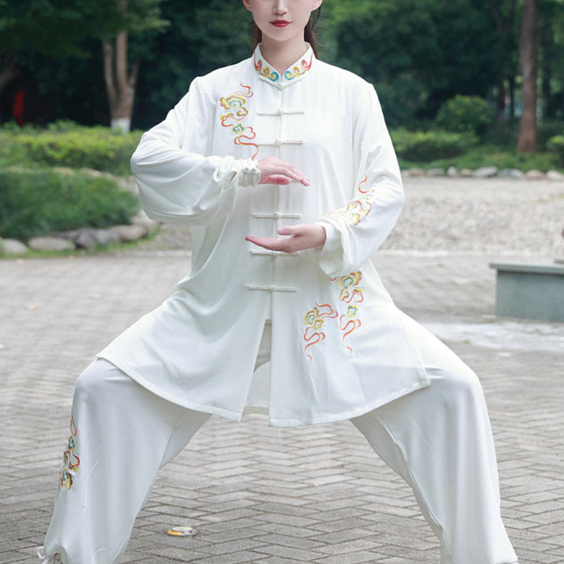 Buddha Stones 2Pcs Fall Colorful Auspicious Clouds Tai Chi Meditation Qigong Zen Practice Unisex Cotton Clothing Set - White - 3XL-FIT FOR US/UK/AU/EU-XL - image 0