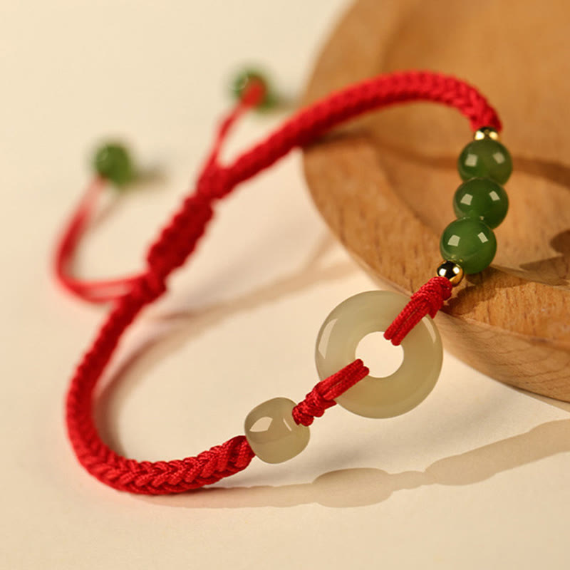 Buddha Stones Natural Hetian Jade Peace Buckle Red String Protection Luck Bracelet - Red Rope(Wrist Circumference:15-16cm)-The color of Hetian jade is random dark or light - image 0