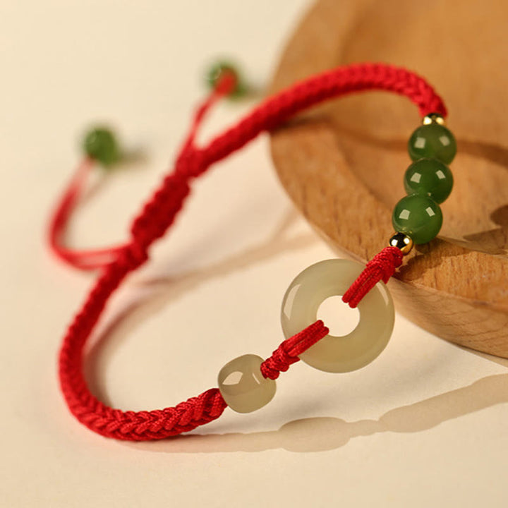 Buddha Stones Natural Hetian Jade Peace Buckle Red String Protection Luck Bracelet - Red Rope(Wrist Circumference:15-16cm)-The color of Hetian jade is random dark or light - image 0