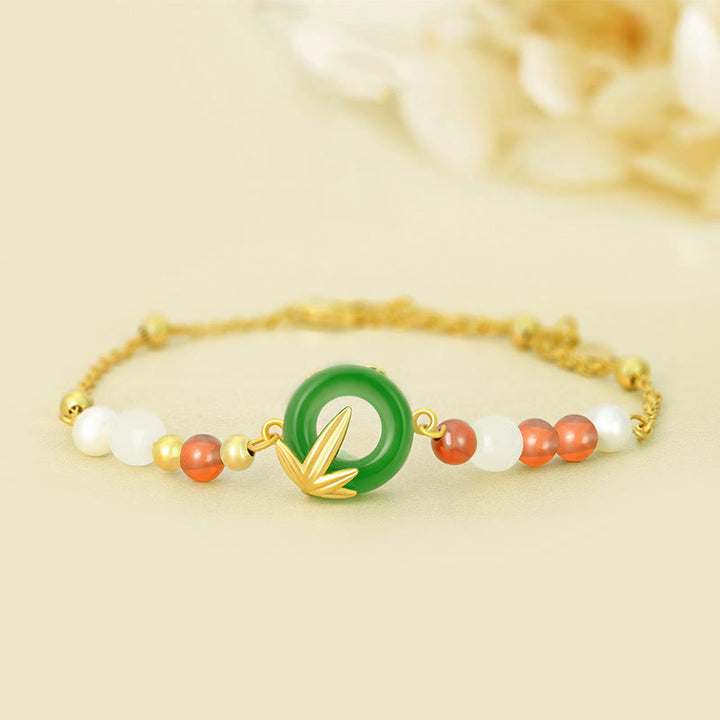 Buddha Stones 925 Sterling Silver Green Chalcedony Peace Buckle Bamboo Calm Bracelet - 925 Sterling Silver Green Chalcedony (Wrist Circumference:14-17cm) - image 0