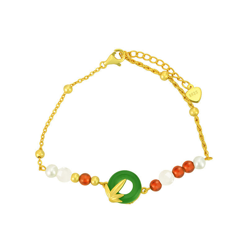 Buddha Stones 925 Sterling Silver Green Chalcedony Peace Buckle Bamboo Calm Bracelet - image 1