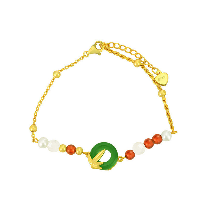 Buddha Stones 925 Sterling Silver Green Chalcedony Peace Buckle Bamboo Calm Bracelet - image 1