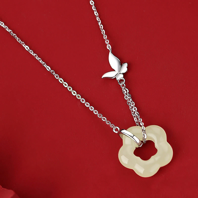 Buddha Stones 925 Sterling Silver Butterfly Hetian Jade Flower Blessing Necklace Pendant - White Gold - image 7