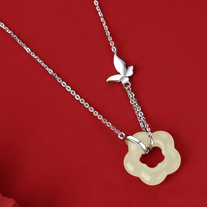 Buddha Stones 925 Sterling Silver Butterfly Hetian Jade Flower Blessing Necklace Pendant - White Gold - image 7