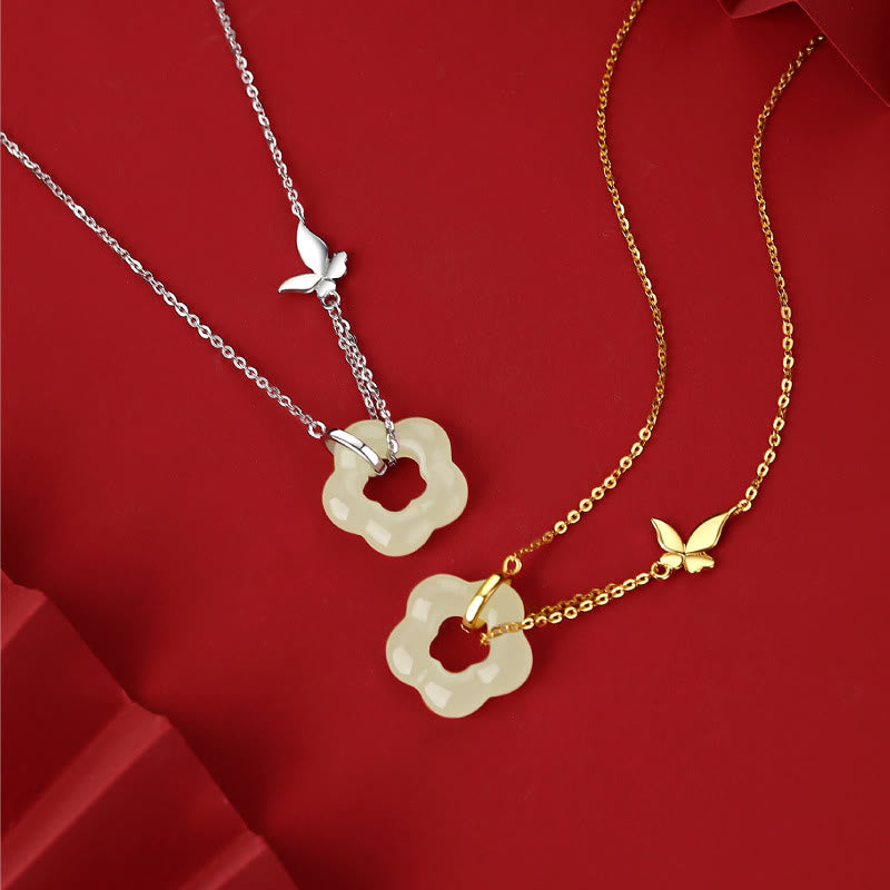 Buddha Stones 925 Sterling Silver Butterfly Hetian Jade Flower Blessing Necklace Pendant - image 9