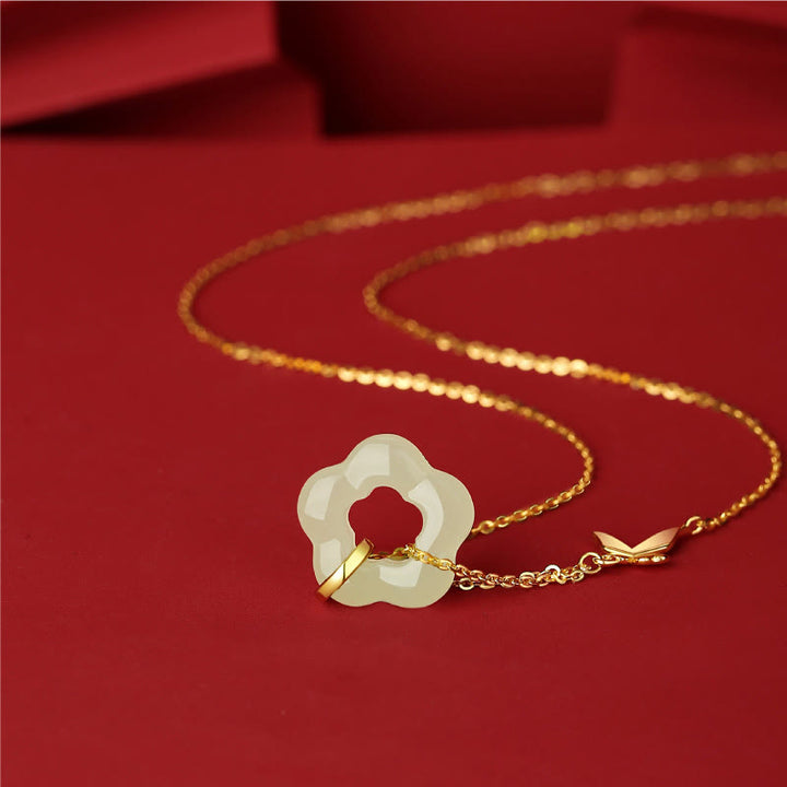 Buddha Stones 925 Sterling Silver Butterfly Hetian Jade Flower Blessing Necklace Pendant - image 1