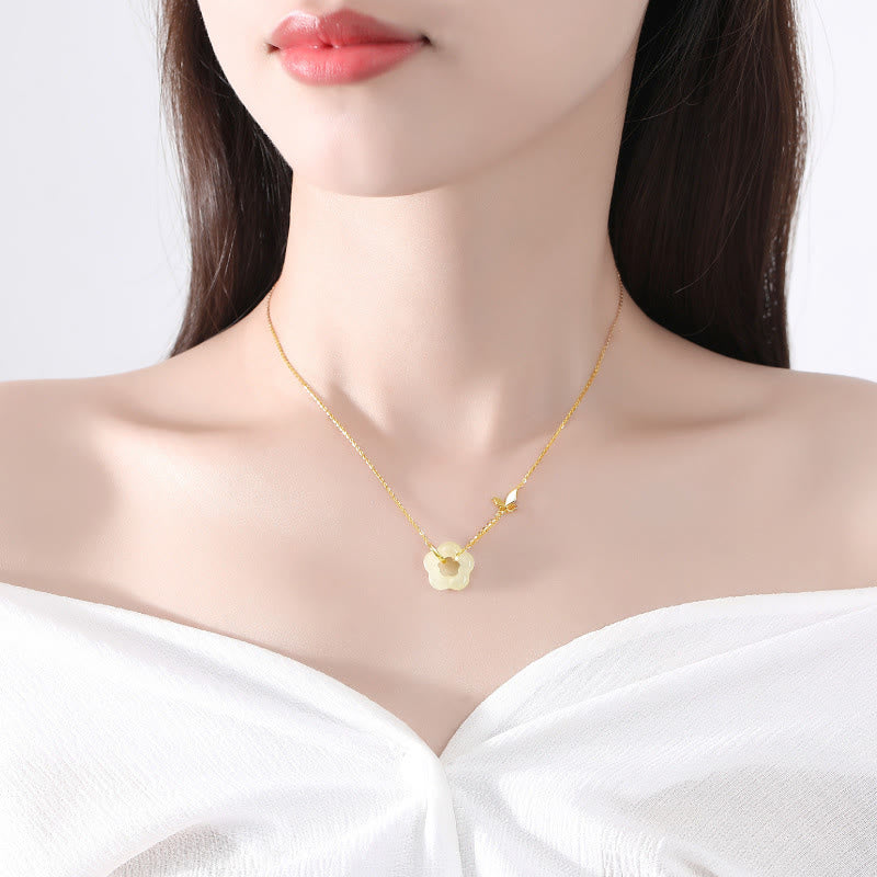 Buddha Stones 925 Sterling Silver Butterfly Hetian Jade Flower Blessing Necklace Pendant - image 3