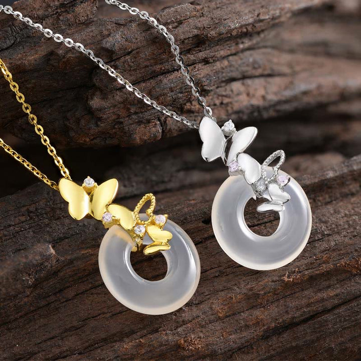 Buddha Stones 925 Sterling Silver Butterfly Chalcedony Peace Buckle Blessing Luck Necklace Pendant - image 3