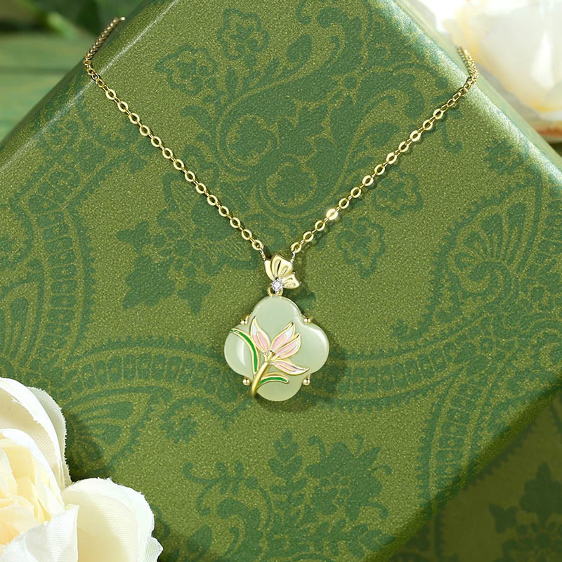 Buddha Stones 925 Sterling Silver Magnolia Butterfly Hetian Jade Four Leaf Clover Blessing Earrings Necklace Pendant - Hetian Jade Necklace - 925 Sterling Silver Plated 14k Gold  - image 0