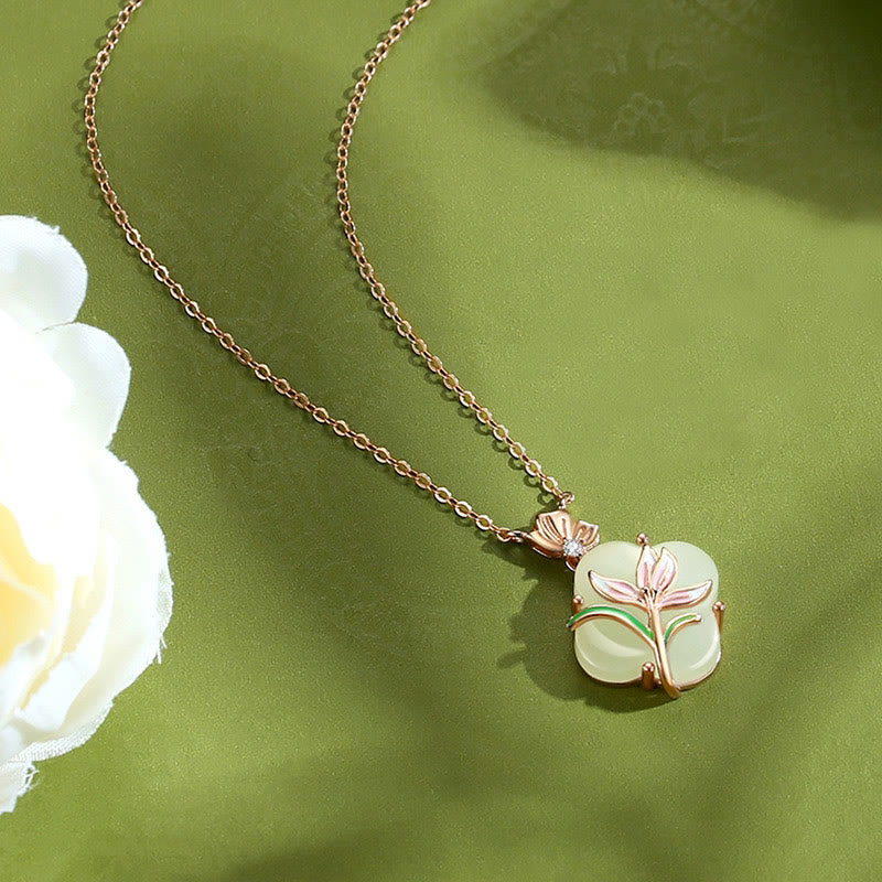 Buddha Stones 925 Sterling Silver Magnolia Butterfly Hetian Jade Four Leaf Clover Blessing Earrings Necklace Pendant - Hetian Jade Necklace - 925 Sterling Silver Plated Rose Gold - image 7