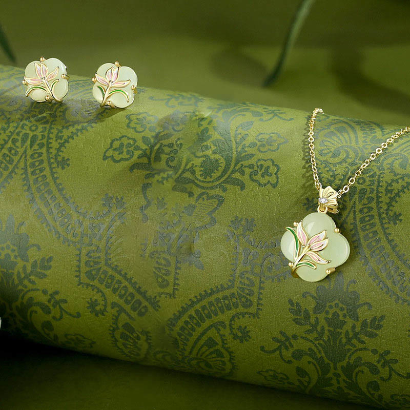 Buddha Stones 925 Sterling Silver Magnolia Butterfly Hetian Jade Four Leaf Clover Blessing Earrings Necklace Pendant - image 11