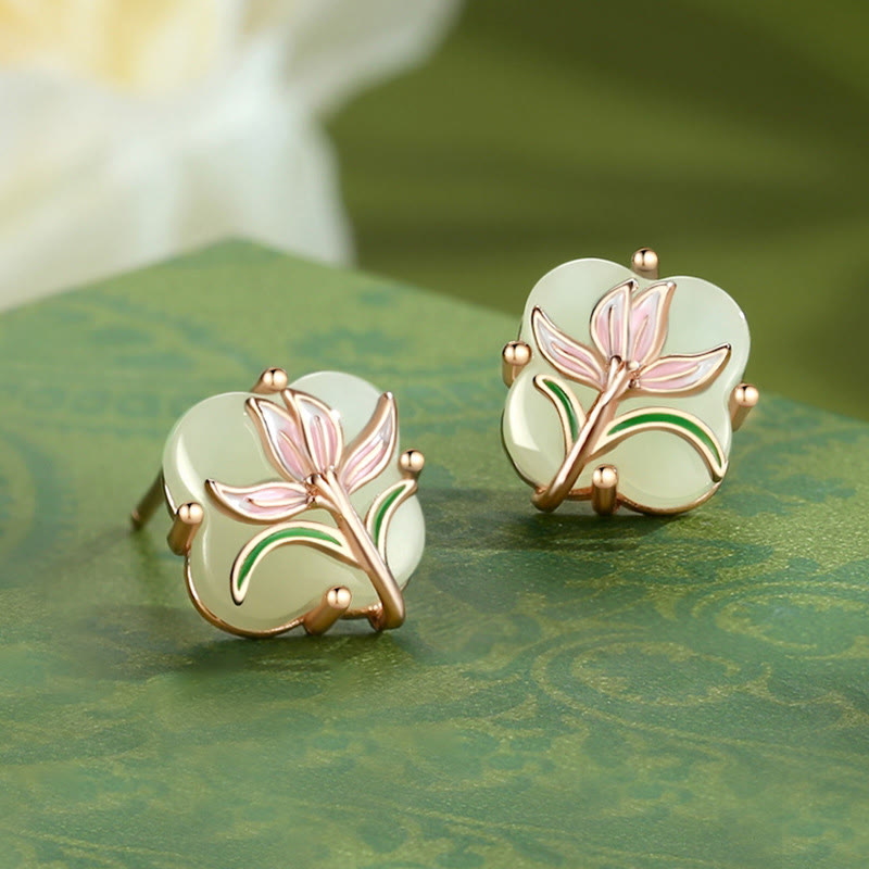 Buddha Stones 925 Sterling Silver Magnolia Butterfly Hetian Jade Four Leaf Clover Blessing Earrings Necklace Pendant - Hetian Jade Earrings - 925 Sterling Silver Plated Rose Gold - image 10