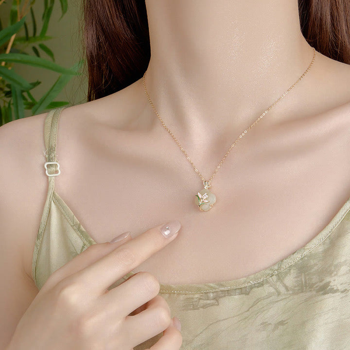 Buddha Stones 925 Sterling Silver Magnolia Butterfly Hetian Jade Four Leaf Clover Blessing Earrings Necklace Pendant - image 3
