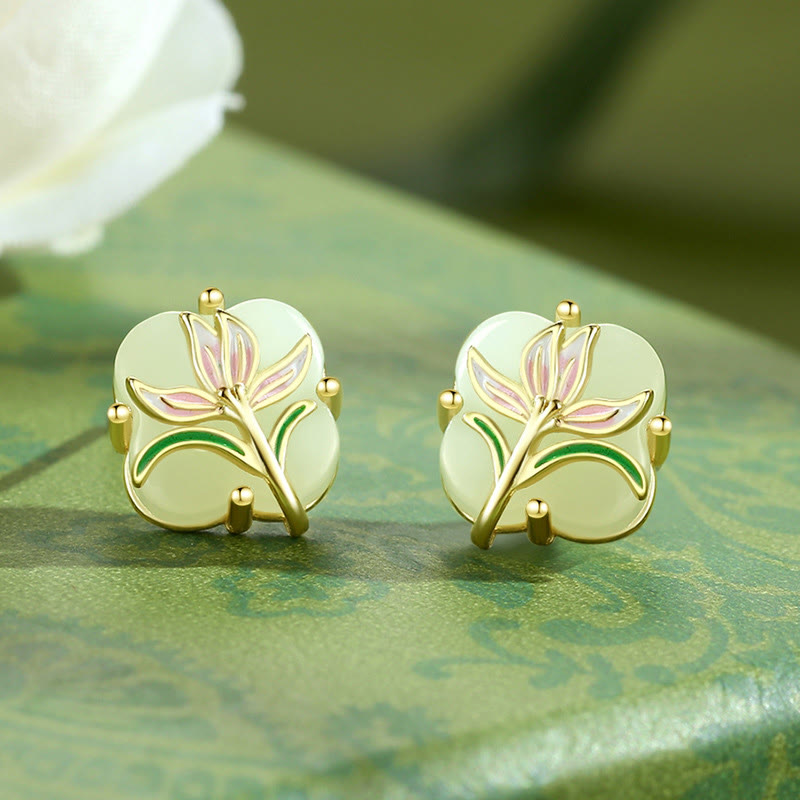 Buddha Stones 925 Sterling Silver Magnolia Butterfly Hetian Jade Four Leaf Clover Blessing Earrings Necklace Pendant - Hetian Jade Earrings - 925 Sterling Silver Plated 14k Gold  - image 9