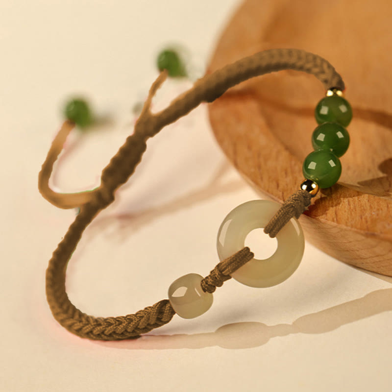 Buddha Stones Natural Hetian Jade Peace Buckle Red String Protection Luck Bracelet - Brown Rope(Wrist Circumference:15-16cm)-The color of Hetian jade is random dark or light - image 10