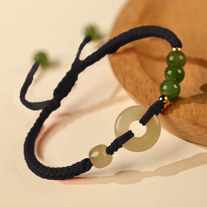 Buddha Stones Natural Hetian Jade Peace Buckle Red String Protection Luck Bracelet - Black Rope(Wrist Circumference:15-16cm)-The color of Hetian jade is random dark or light - image 8