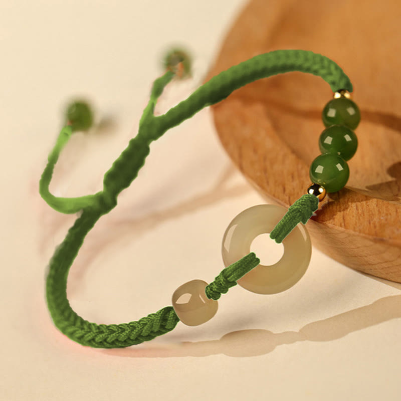 Buddha Stones Natural Hetian Jade Peace Buckle Red String Protection Luck Bracelet - Green Rope(Wrist Circumference:15-16cm)-The color of Hetian jade is random dark or light - image 9