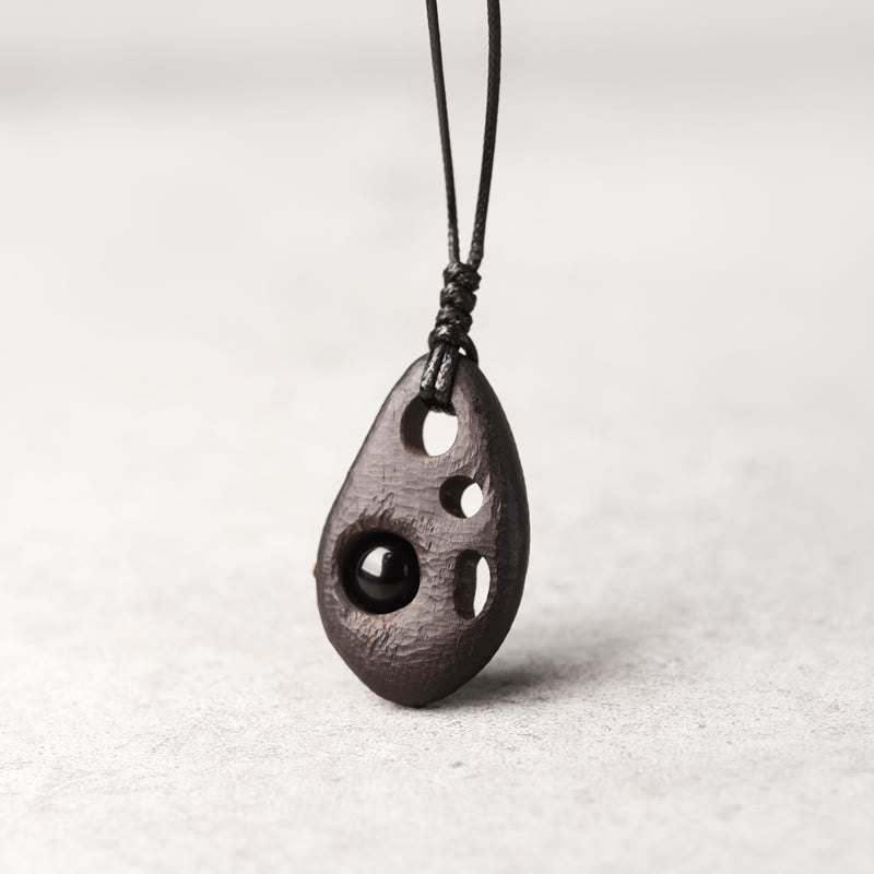 Buddha Stones Ebony Wood Hollow Inlaid Obsidian Peace Calm Necklace Pendant - Ebony Wood Obsidian - image 0