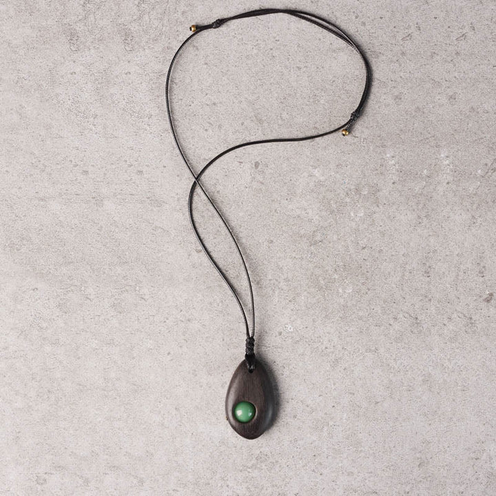 Buddha Stones Ebony Wood Green Aventurine Peace Calm Necklace Pendant - image 3