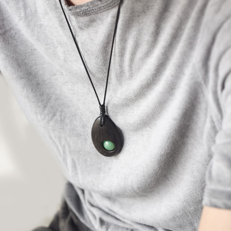 Buddha Stones Ebony Wood Green Aventurine Peace Calm Necklace Pendant - image 4
