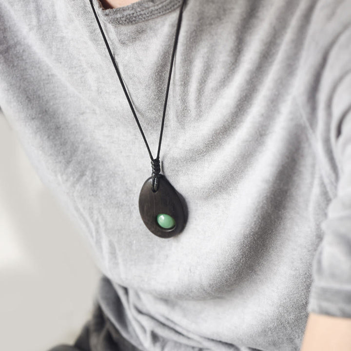 Buddha Stones Ebony Wood Green Aventurine Peace Calm Necklace Pendant - image 4