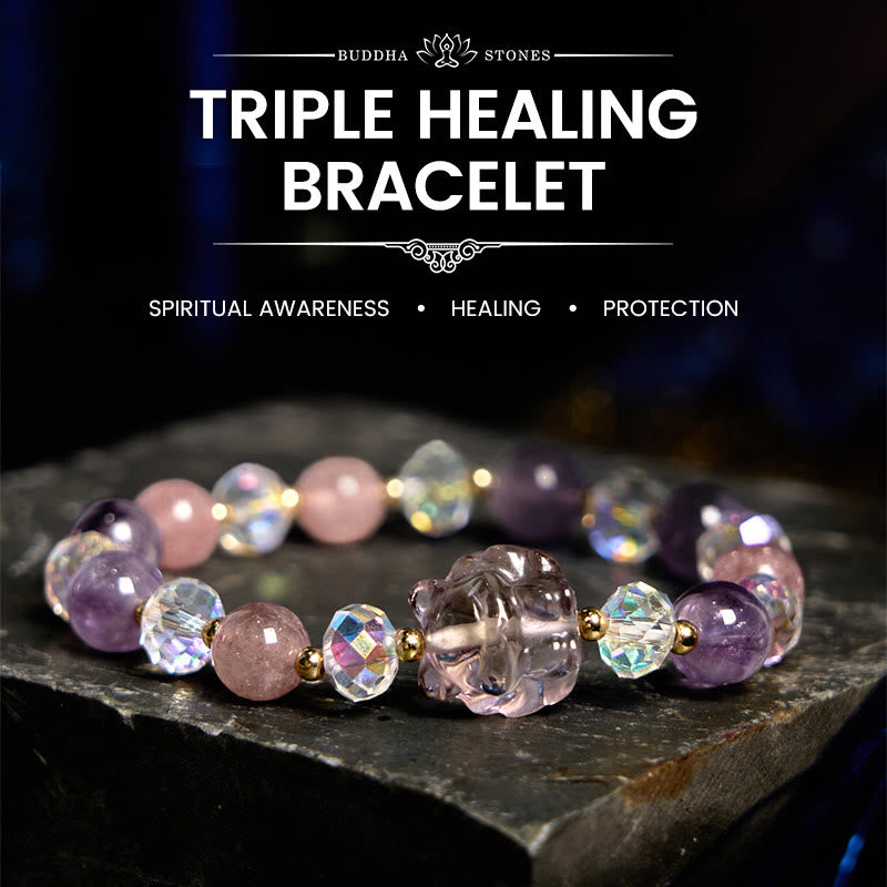 Buddha Stones Amethyst Strawberry Quartz White Crystal Nine Tailed Fox Meditation Bracelet - Amethyst Strawberry Quartz White Crystal(Wrist Circumference: 14-16cm) - image 0