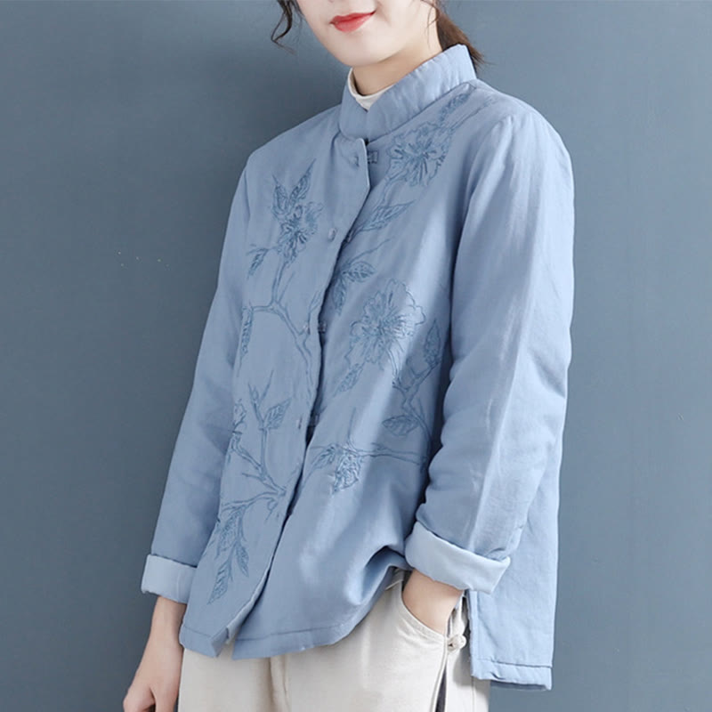Buddha Stones Retro Flower Design Thermal Long Sleeve Cotton Linen Women's Shirt - image 2