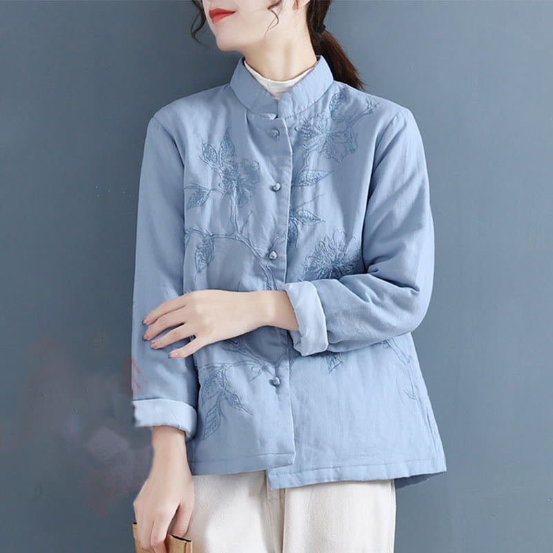 Buddha Stones Retro Flower Design Thermal Long Sleeve Cotton Linen Women's Shirt - LightSkyBlue - US8-10，UK/AU12-14，EU40-42 (2XL) - image 0