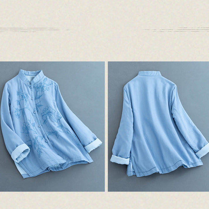 Buddha Stones Retro Flower Design Thermal Long Sleeve Cotton Linen Women's Shirt - image 5