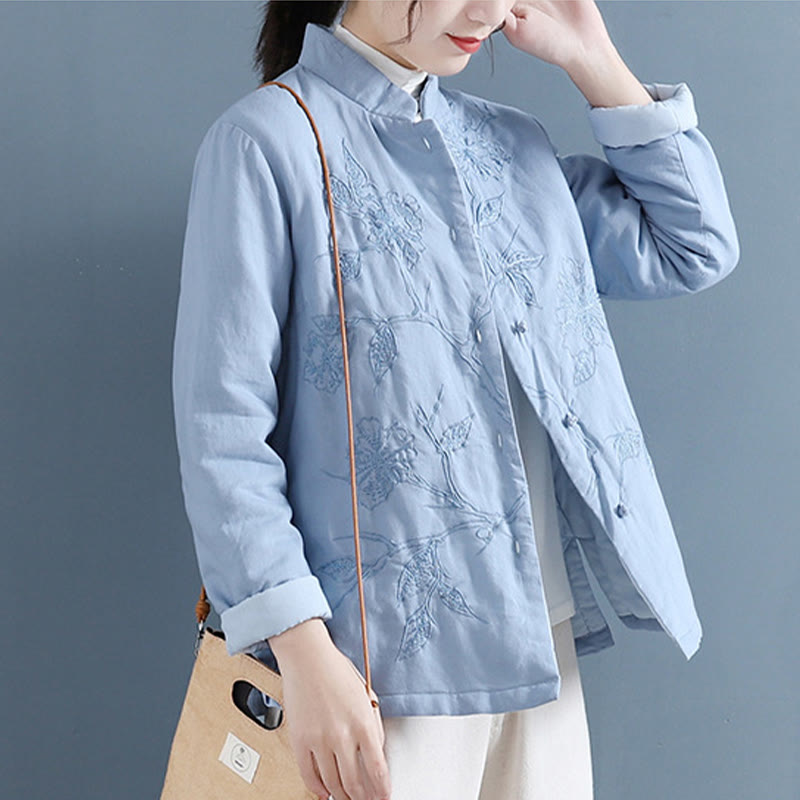 Buddha Stones Retro Flower Design Thermal Long Sleeve Cotton Linen Women's Shirt - image 1
