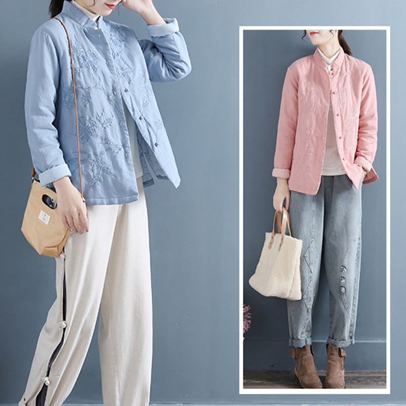 Buddha Stones Retro Flower Design Thermal Long Sleeve Cotton Linen Women's Shirt - image 9