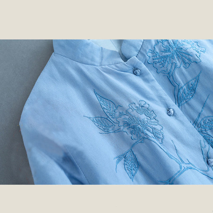Buddha Stones Retro Flower Design Thermal Long Sleeve Cotton Linen Women's Shirt - image 6