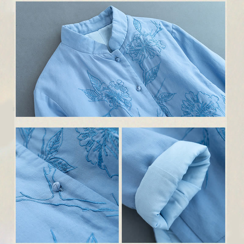 Buddha Stones Retro Flower Design Thermal Long Sleeve Cotton Linen Women's Shirt - image 3