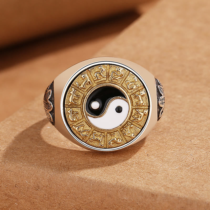 Buddha Stones Yin Yang Chinese Zodiac Copper Wealth Adjustable Ring - image 2