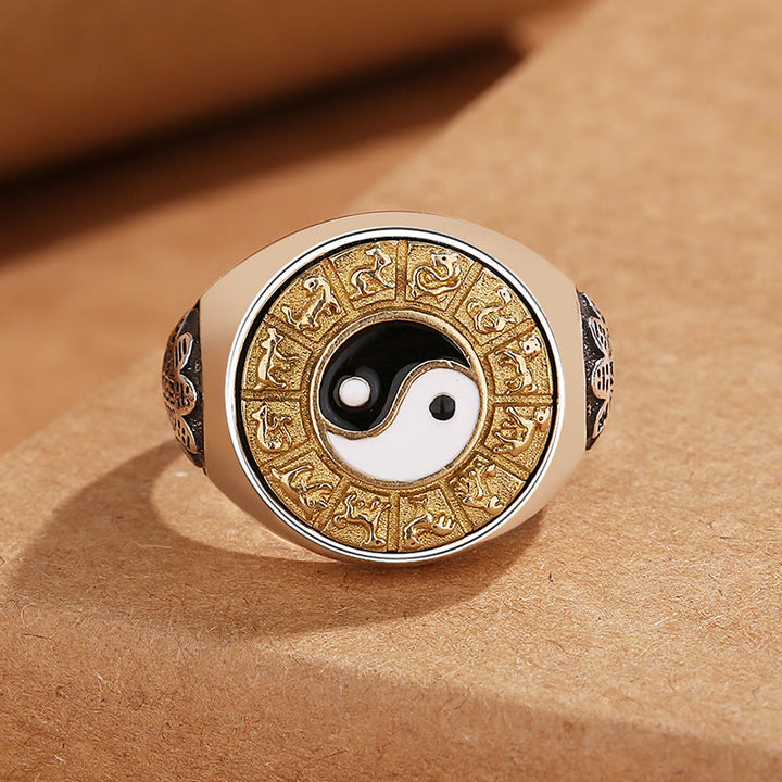 Buddha Stones Yin Yang Chinese Zodiac Copper Wealth Adjustable Ring - image 2